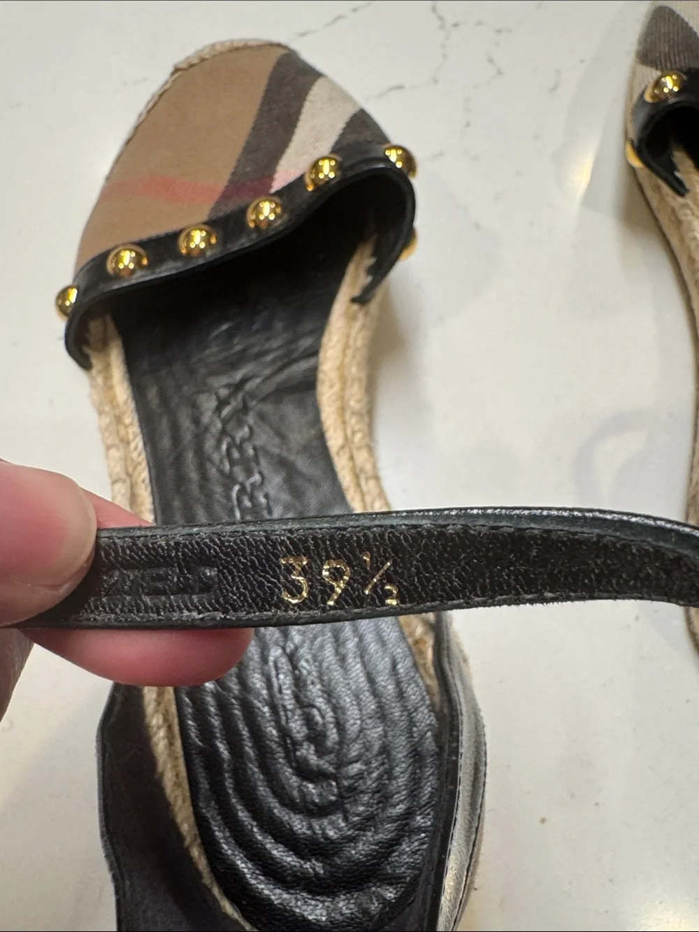 Burberry Plaid Espadrille Flats with Black Ankle Strap and Gold Studs SzEU39.5